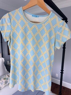 J. McLaughlin Blue & Yellow Lattice Short Sleeve Top